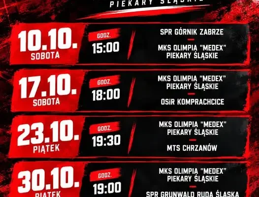 Plan gier MKS Olimpia „Medex” Piekary Śląskie – październik pełen emocji