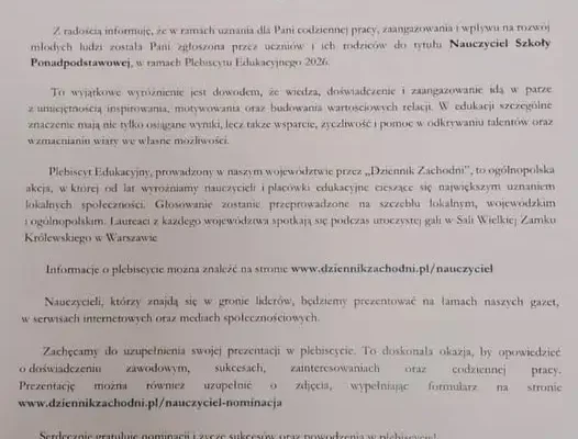 Nauczycielka z ZSS w Piekarach nominowana do Plebiscytu Edukacyjnego 2026